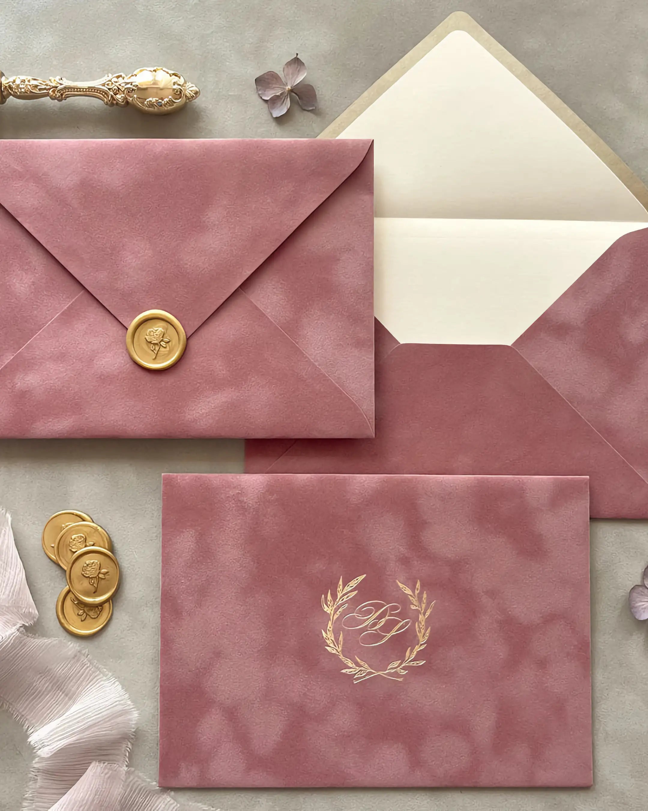 Dusty Pink velvet envelope with gold wax seal and foil monogram wreath, cream paper lining — Polina Perri